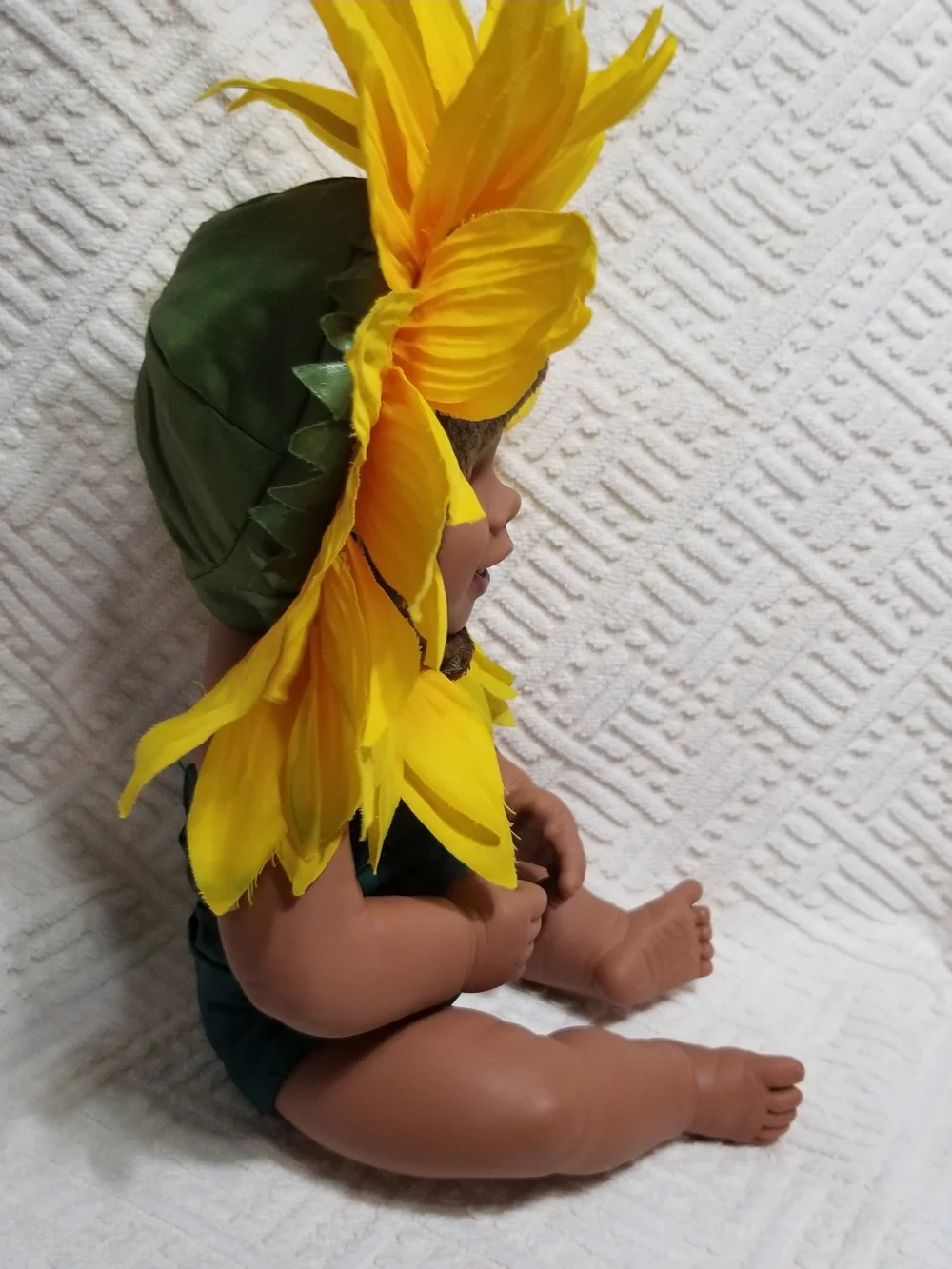 Vintage Anne Geddes Baby Doll With Yellow & Green Sunflower Costume & Headpiece